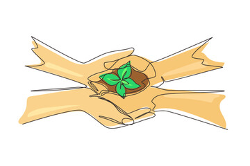 Poster - Single one line drawing two hands holding together young of a tree. Hands kids team work protecting and reduce global warming earth, top view. Continuous line draw design graphic vector illustration