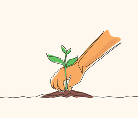 Wall Mural - single continuous line drawing young woman planting a tree in the garden. ecology concept. the sprin