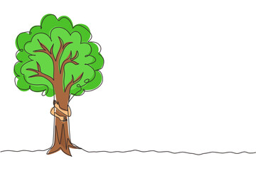 Poster - single one line drawing man hugging tree in park. symbol of loving plants and the environment. agric