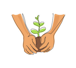 Poster - Single one line drawing farmer's hands growing young tree, save world, heal world, love nature. Ecology sapling tree growing up and planting on land. Continuous line draw design vector illustration