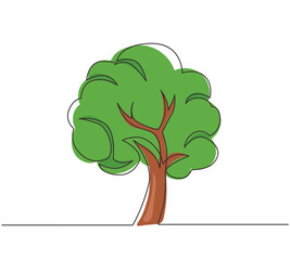 Poster - Single one line drawing green tree fertile on white background, trees for decorating garden and home designs. Earth day, ecology concept. Modern continuous line draw design graphic vector illustration