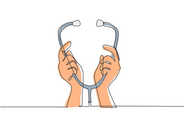Poster - Continuous one line drawing medical background with hands holding stethoscope. Doctor hands raised up and holding stethoscope closeup. Medical help. Single line draw design vector graphic illustration