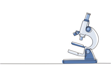 Poster - single continuous line drawing simple microscope. lab microscope to magnify bacteria size under the 