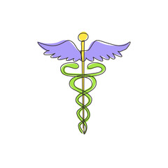 Poster - single continuous line drawing caduceus, medical center, pharmacy, hospital with popular symbol of m