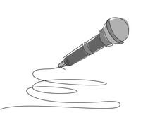 Single One Line Drawing Microphone For Karaoke. Illustration On White Background. Mic Equipment For Sing A Song At Karaoke Festival. Modern Continuous Line Draw Design Graphic Vector Illustration