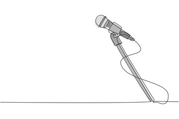 Poster - Single one line drawing stand with microphone on white background. Singer sing song with standing mic at music concert summer festival. Modern continuous line draw design graphic vector illustration