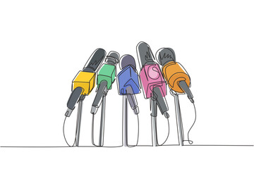 Poster - Single continuous line drawing live news template with microphone. Journalist journalism concept. Newsmakers and interviewers. Different tv signs. One line draw graphic design vector illustration
