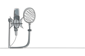 Poster - Single one line drawing technology object, sound recording equipment concept. Studio silver microphone and black pop shield on mic stand. Modern continuous line draw design graphic vector illustration