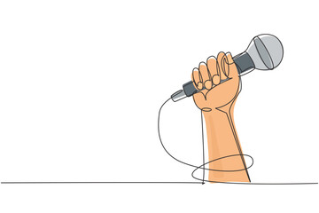 Poster - Single continuous line drawing microphone in hand, hand holding microphone in fist. Rock hand gesture holding microphone. Rock and roll music live. One line draw graphic design vector illustration