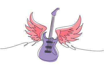 Poster - single one line drawing electric guitar with wings. vintage label, illustration, logotype. rock sign