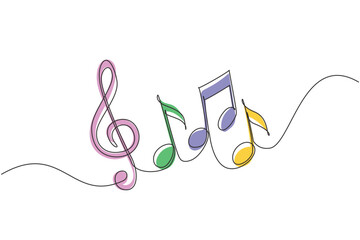 Poster - Continuous one line drawing music notes on stave. Musical symbol in one linear minimalist style. Trendy abstract wave melody. Vector outline sketch sound. Single line draw design graphic illustration
