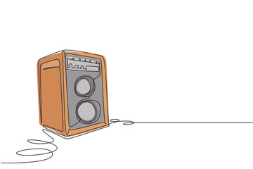 Poster - single continuous line drawing sound speaker in wooden body. music loudspeaker, sub woofer acoustic 
