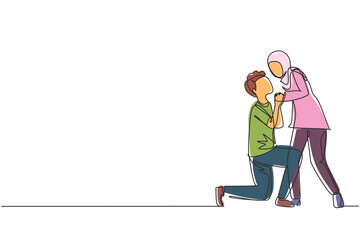 Poster - single one line drawing romantic arabic male kneel and kissing female. couple lovers kissing and hol