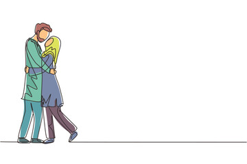 Poster - continuous one line drawing loving arabic couple kissing and hugging. romantic couple lovers kissing