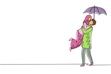 Poster - Single one line drawing cute Arabic couple in love under rain with umbrella. Happy man and woman walking at park and jumping. Married couple romantic relationship. Continuous line draw design graphic