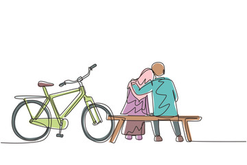 Poster - continuous one line drawing back view romantic arabian couple chatting while sitting and hugging on 
