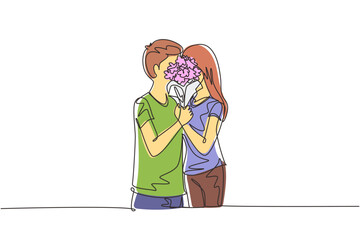 Poster - Single one line drawing young couple hugging and kissing behind bouquet of flowers. Happy man and woman celebrating wedding anniversary. Modern continuous line draw design graphic vector illustration