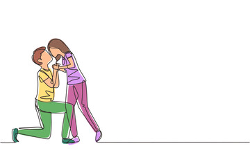 Poster - single one line drawing romantic male kneel and kissing female. couple lovers kissing and holding ha