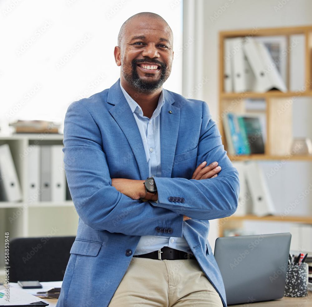 Accountant portrait and corporate black man in office with confidence,  pride and smile in workspace. Mature employee in professional accounting  company with arms crossed and optimistic mindset. Stock Photo | Adobe Stock, image size:1000x986