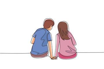 Poster - Continuous one line drawing back view people in love sit holding hands and looking at moon and stars. Man and woman enjoying romantic nature together. Single line design vector graphic illustration