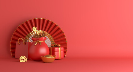 Chinese new year background 2023 with lucky bag, gift box, hand fan, ingot Chinese gold sycee and coin cartoon style, mid autumn, gong xi fa cai, copy space text, 3d rendering illustration