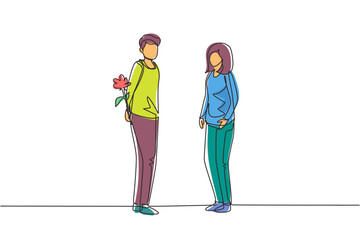 Wall Mural - Continuous one line drawing man holding flowers behind his back and standing in front of woman. Happy boy giving rose flower to girl. Young man and woman met for dating. Single line draw design vector