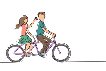 Poster - continuous one line drawing romantic couple. happy couple is riding tandem bicycle together. happy f