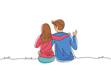 Poster - Continuous one line drawing Happy family. Couple in relationship in love. Man hugging his partner woman. Intimacy celebrates wedding anniversary. Single line draw design vector graphic illustration