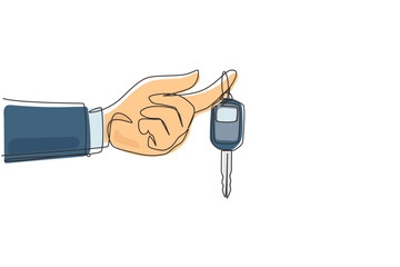 Poster - single one line drawing hand holding hanging car key and alarm system. hand holding car key with ala