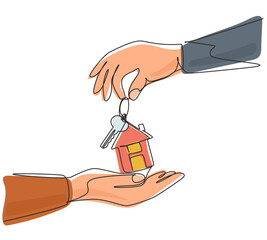 Poster - Continuous one line drawing hand giving house keys to customer. Businessman in suit giving house key. Mortgage, credit or buying property concept. Single line draw design vector graphic illustration