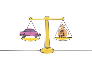 Poster - Continuous one line drawing money sack scales concept with a car on one side and sack of money on the other. Sale and purchase new car concept. Single line draw design vector graphic illustration