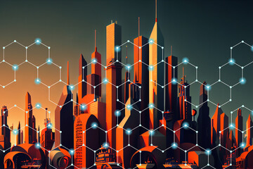 Poster - Illustration of a big city and abstract dot point connect with gradient line and aesthetic Intricate wave line design , big data connection technology concept . AI generated Image