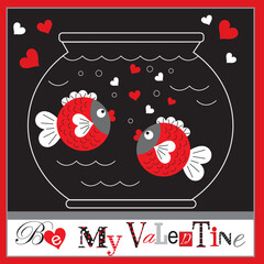 Wall Mural - happy valentine's day card with a couple of fishes and hearts