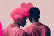 illustration of young Black BIPOC queer genderfluid couple, LGBTQ+, pink, heart, valentine theme