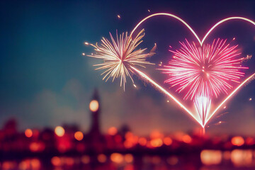 Wall Mural - fireworks in the city with heart, generative ai illustration