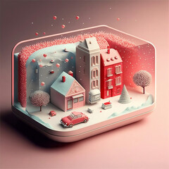 Wall Mural - 3D Render, Winter Miniature Diorama Frame With Residential Buildings Landscape, Exterior Snowfall.