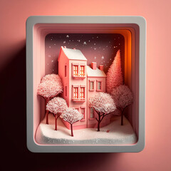 Poster - 3D Render of Decorative Winter Diorama Square Frame With Residential Structure, Trees, Snow Falling.