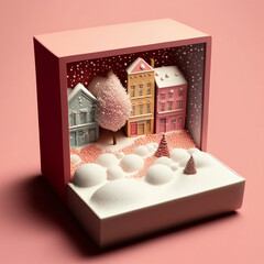 Sticker - 3D Render, Winter Miniature Diorama In Ring Box As Residential Buildings, Trees, Snow Falling.