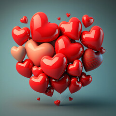 Sticker - 3D Render, Bunch of Heart Shape Balloons In Red Color.