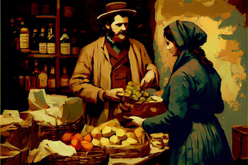 Wall Mural - Vintage style illustration of people at a green grocer, generative ia
