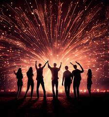 Sticker - young people silhouette dancing at a party with fireworks, ideal for backgrounds, generative ia