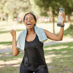 Poster - Fitness, excited and portrait of a black woman in nature for celebration, wellness or exercise. Happy, smile and healthy African female athlete celebrating her workout, training or sport achievement.