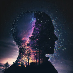 Wall Mural - silhouette of a person standing in front of night sky with galaxy. designed using generative ai.