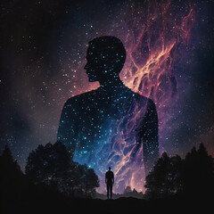 Wall Mural - silhouette of a person standing in front of night sky with galaxy. designed using generative ai.