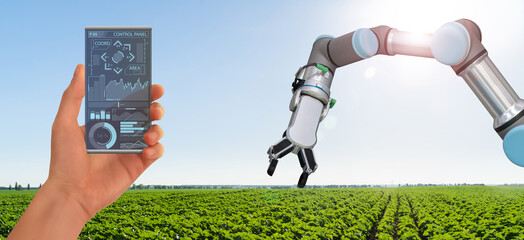 Sticker - A farmer controls agricultural robot through a smartphone mobile application. Smart farming and digital agriculture 4.0