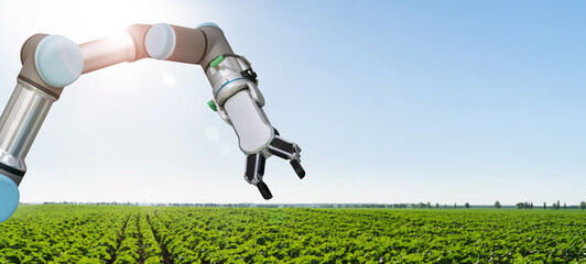 Sticker - Robot is working on agricultural field. Smart farming and digital agriculture 4.0	