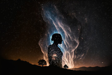 Wall Mural - silhouette of a person standing in front of night sky with galaxy. designed using generative ai.