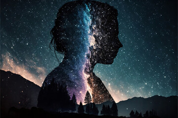 Wall Mural - silhouette of a person standing in front of night sky with galaxy. designed using generative ai.