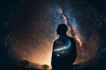 Wall Mural - silhouette of a person standing in front of night sky with galaxy. designed using generative ai.