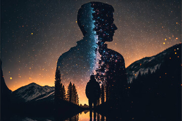 Wall Mural - silhouette of a person standing in front of night sky with galaxy. designed using generative ai.